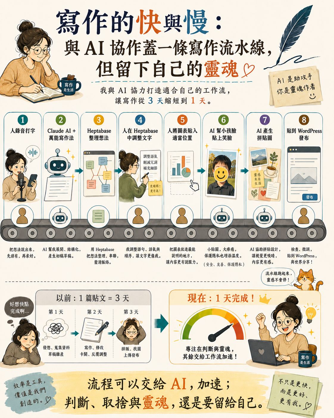 寫作流水線八步驟圖解：從錄音口述到發布，流程交給 AI、靈魂留給自己