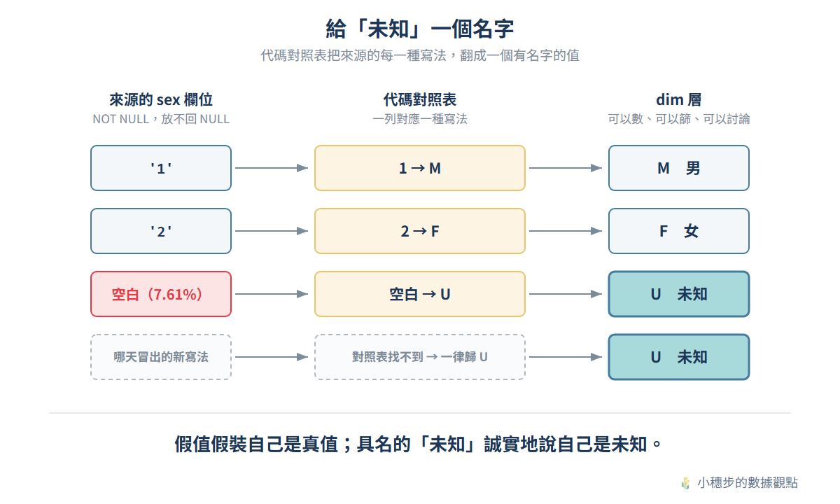 代碼對照表的流程：來源 sex 欄位的 1、2、空白，經過對照表分別翻成 M 男、F 女、U 未知；對照表找不到的新寫法也一律歸為 U 未知