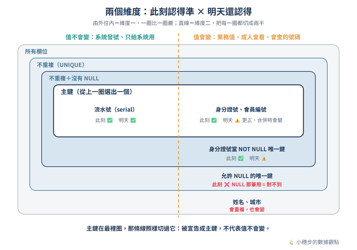 兩個維度的示意圖：由外往內一圈比一圈嚴，所有欄位、不重複、不重複加沒有 NULL、最裡面是主鍵；一條直線把每一圈都切成兩半，左邊是值不會變的系統發號，右邊是業務值或人會看會查的號碼，連主鍵那一圈也被切開