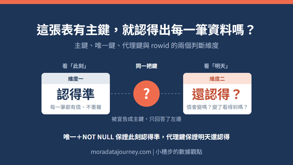 這張表有主鍵，就認得出每一筆資料嗎？主鍵、唯一鍵、代理鍵與 rowid 的兩個判斷維度